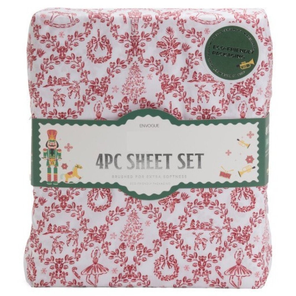 Envogue Christmas Red Toile Full Size Sheet Set Ballerina Nutcracker Christmas